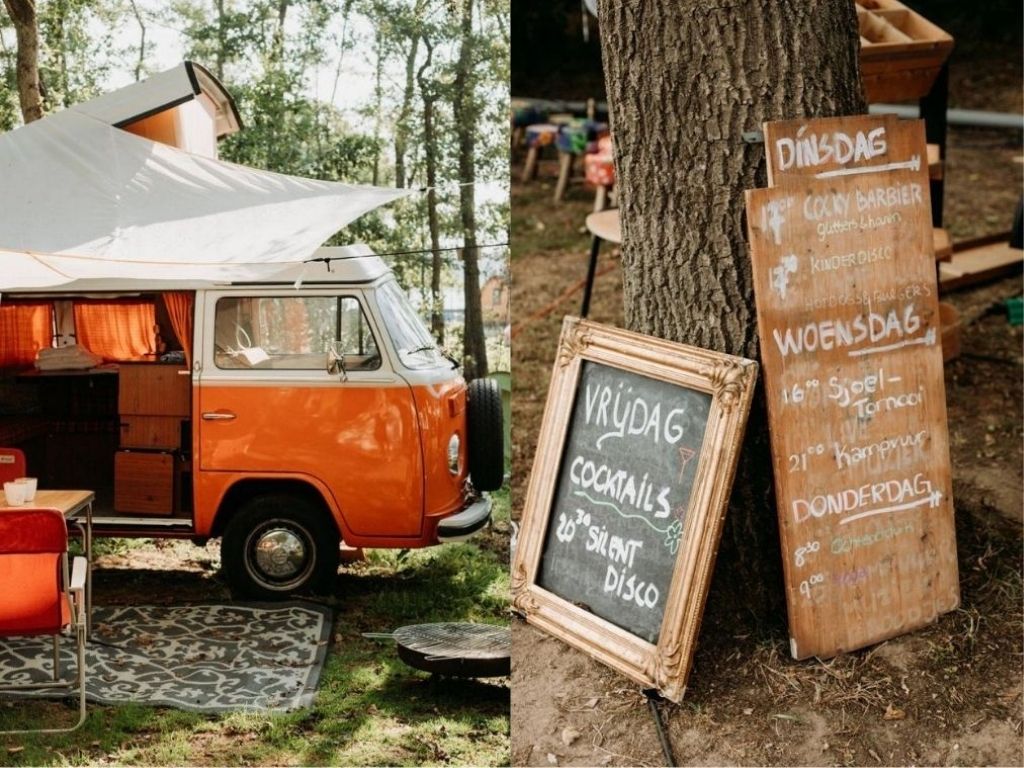 Kamperen de Camphanen oranje vintage bus vakantie in Nederland